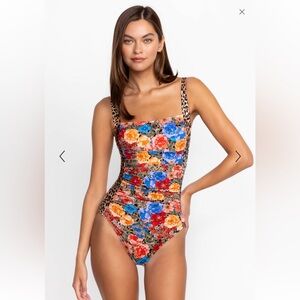 Johnny Was Cheetah Ruched One Piece Swimsuit Animal Floral Print Size Small